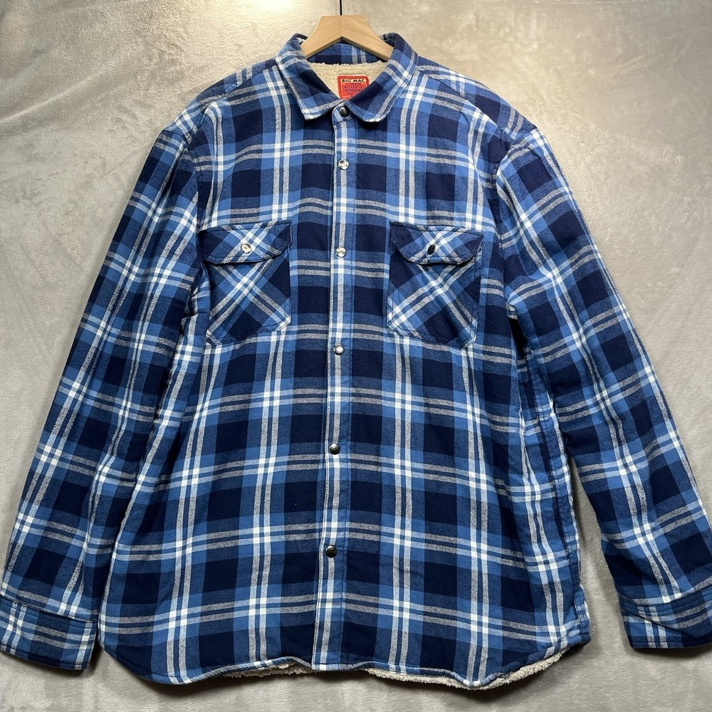 Vintage Big Mac JC Penny Flannel Work Shirt Mens XL Tall Blue Plaid Sherpa lined